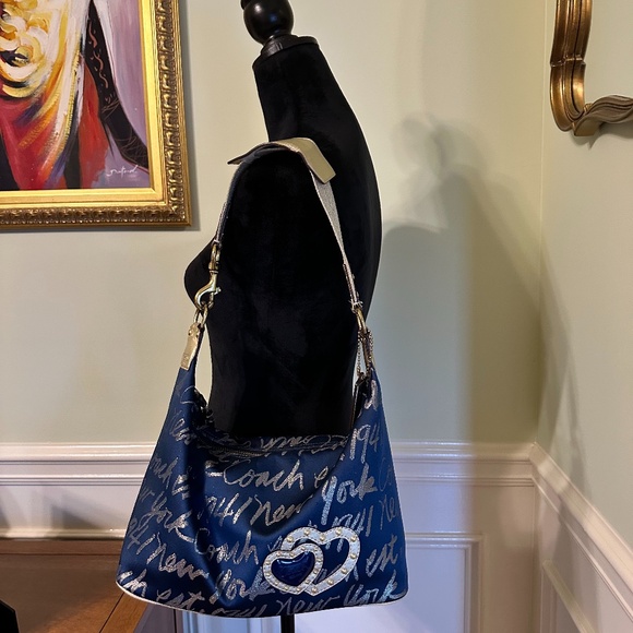 Vintage Coach Signature Poppy Blue & Gold Bag w/ Double Hearts Limited Edition - Picture 1 of 13